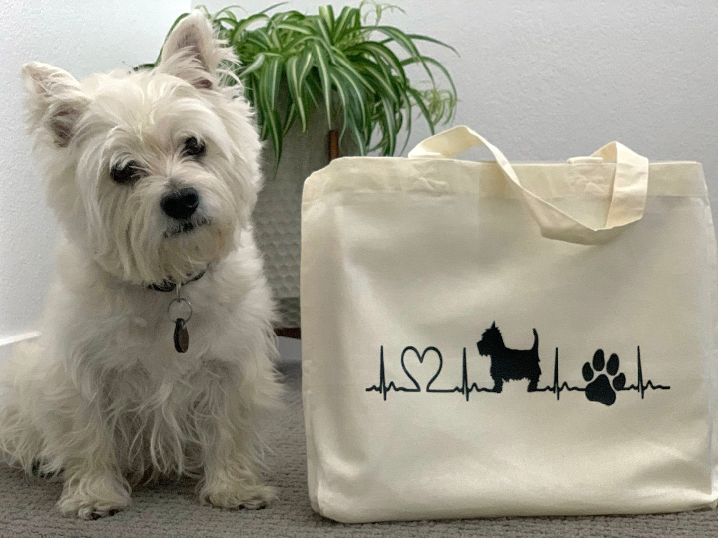 Westie heartbeat Reusable Tote Bag